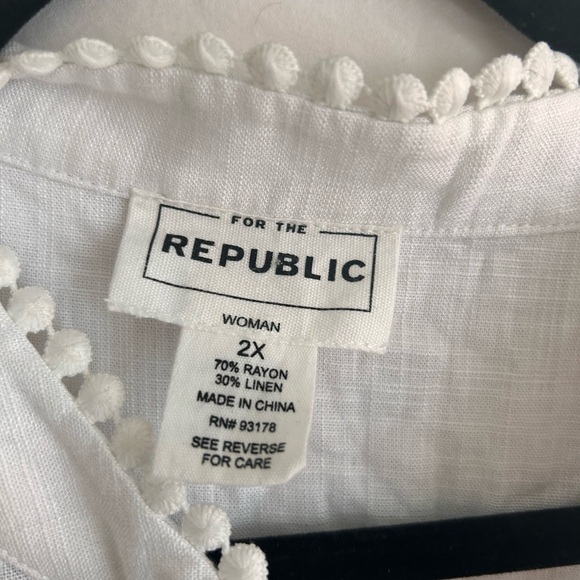 For The Republic 2X White Rayon Linen Hi-Low Pom Pom Sleeveless Tie Back NWT - Picture 3 of 8